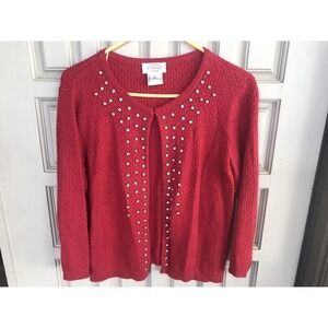 Talbots SzM Sweater Red Knit Rhinestones 3/4 Sleeve Kimono Style Used